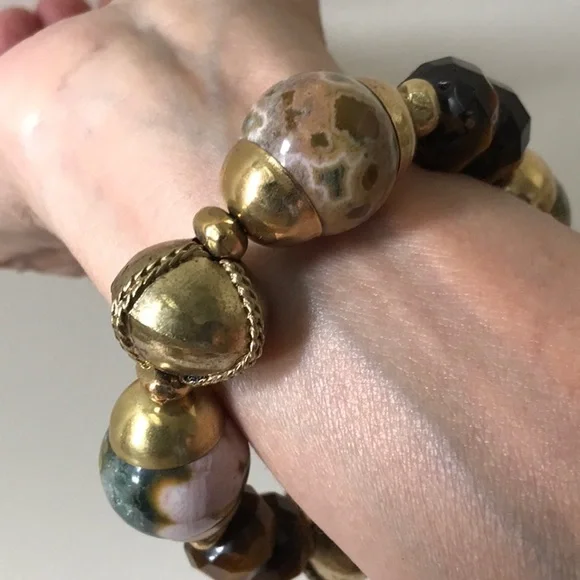 Ocean Jasper Tiger Eye Solid Brass Beads Artisan Made Beach Look Bracelet